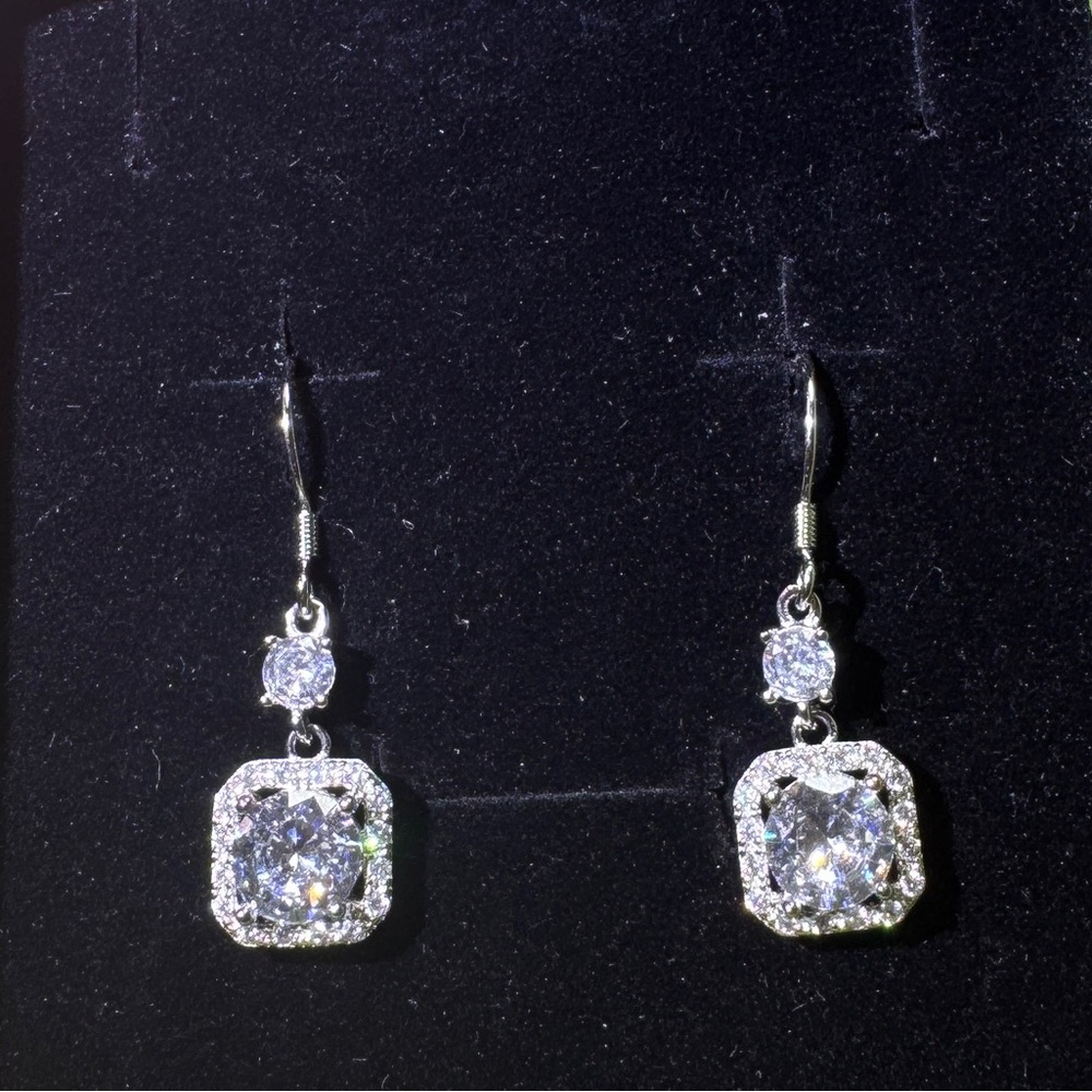 Square Cut Zircon Drop Earrings (S925 Posts)